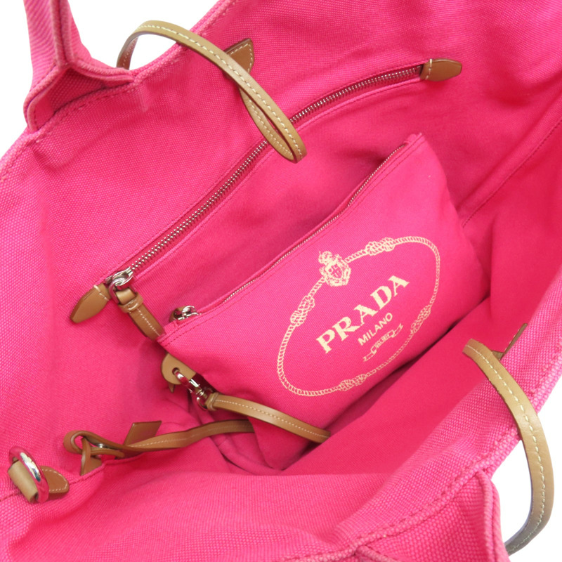 粉色帆布 棕色牛皮 Canapa tote 兩用包【PRADA 普拉達】 1BG163-16