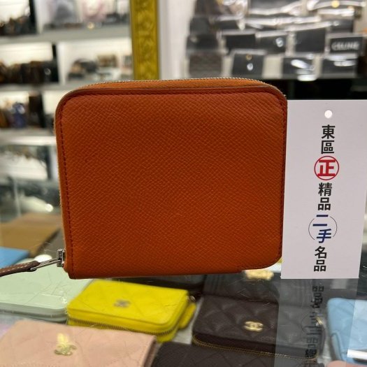 東區正精品㊣HERMES SILK IN Epsom 愛馬仕橘色絲巾拉鍊短夾O刻 RZ5314-0