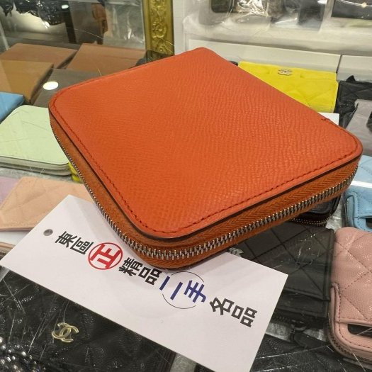 東區正精品㊣HERMES SILK IN Epsom 愛馬仕橘色絲巾拉鍊短夾O刻 RZ5314-7