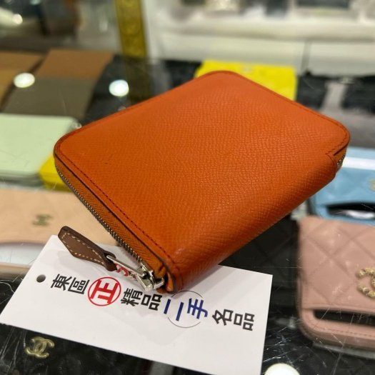 東區正精品㊣HERMES SILK IN Epsom 愛馬仕橘色絲巾拉鍊短夾O刻 RZ5314-8