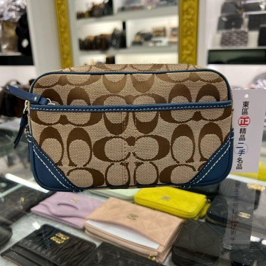 東區正精品㊣COACH 藍綠色皮革邊帆布LOGO胸口包腰包 RZ5273-0