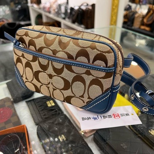 東區正精品㊣COACH 藍綠色皮革邊帆布LOGO胸口包腰包 RZ5273-1