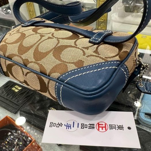 東區正精品㊣COACH 藍綠色皮革邊帆布LOGO胸口包腰包 RZ5273-5