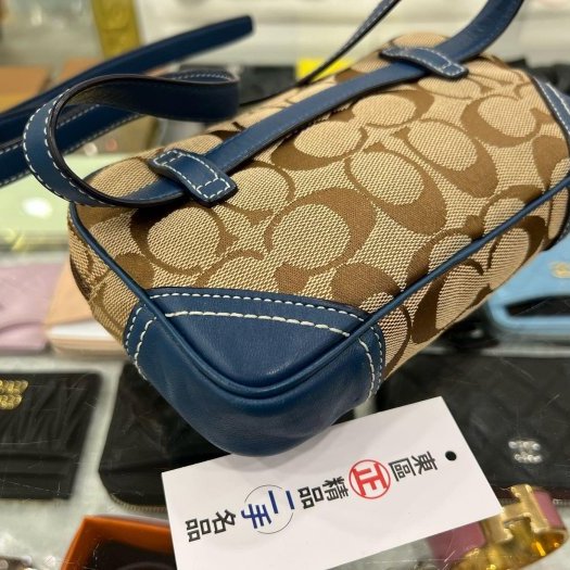東區正精品㊣COACH 藍綠色皮革邊帆布LOGO胸口包腰包 RZ5273-6