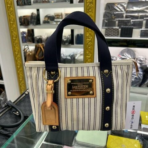 東區正精品㊣LV M40134 CABAS PM NAVY STRIPED 白色併海軍藍色條紋帆布包金牌手提包小款 RZ5275