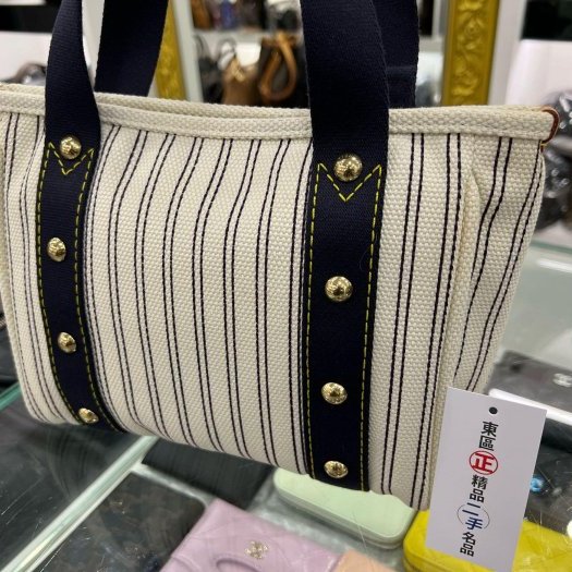 東區正精品㊣LV M40134 CABAS PM NAVY STRIPED 白色併海軍藍色條紋帆布包金牌手提包小款 RZ5275-6