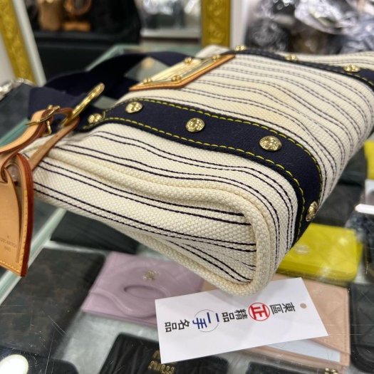 東區正精品㊣LV M40134 CABAS PM NAVY STRIPED 白色併海軍藍色條紋帆布包金牌手提包小款 RZ5275-8