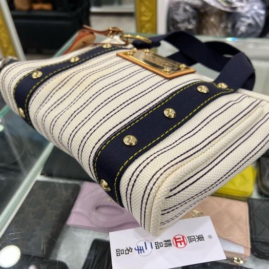 東區正精品㊣LV M40134 CABAS PM NAVY STRIPED 白色併海軍藍色條紋帆布包金牌手提包小款 RZ5275-9