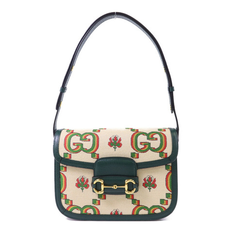 GUCCI 帆布Horsebit 1955 Medium金扣肩背袋