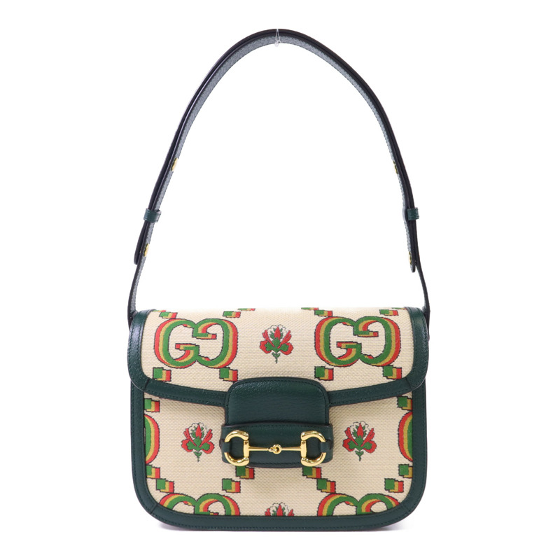 GUCCI 帆布Horsebit 1955 Medium金扣肩背袋-0