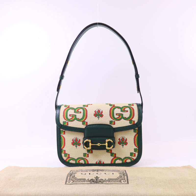 GUCCI 帆布Horsebit 1955 Medium金扣肩背袋-14