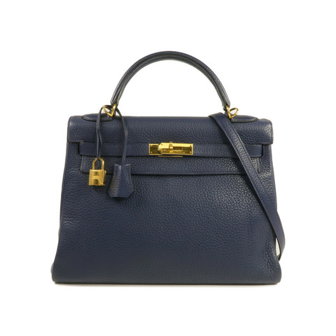 HERMES Clemence皮革Kelly 32金扣手挽肩背兩用袋Bleu Saphir