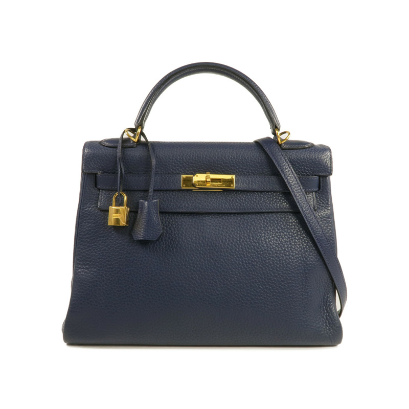 HERMES Clemence皮革Kelly 32金扣手挽肩背兩用袋Bleu Saphir-0