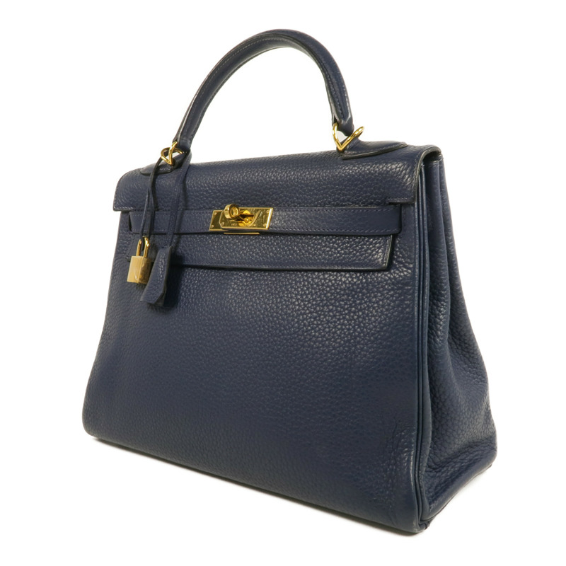 HERMES Clemence皮革Kelly 32金扣手挽肩背兩用袋Bleu Saphir-1
