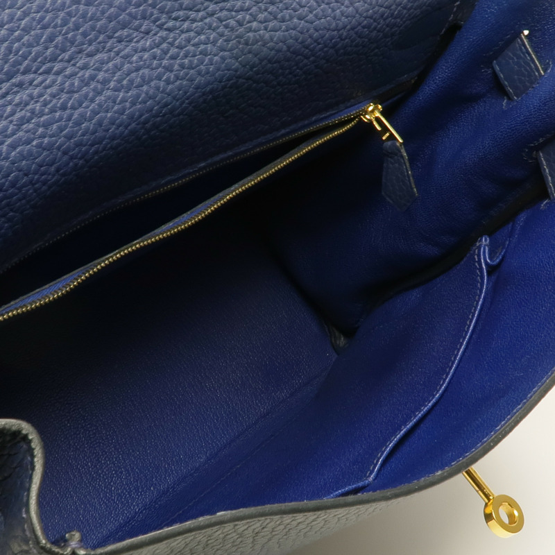 HERMES Clemence皮革Kelly 32金扣手挽肩背兩用袋Bleu Saphir-4