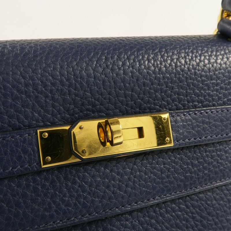 HERMES Clemence皮革Kelly 32金扣手挽肩背兩用袋Bleu Saphir-5