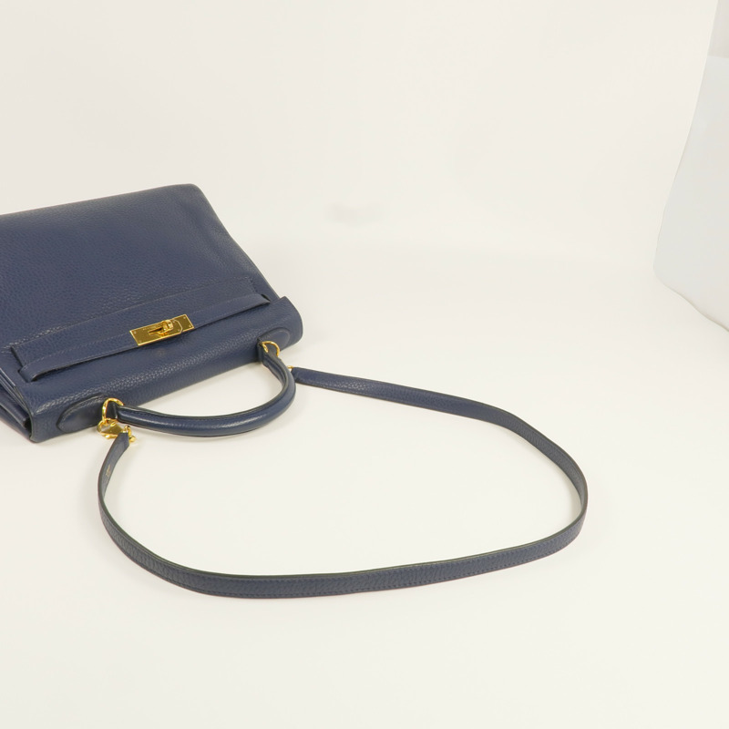 HERMES Clemence皮革Kelly 32金扣手挽肩背兩用袋Bleu Saphir-8