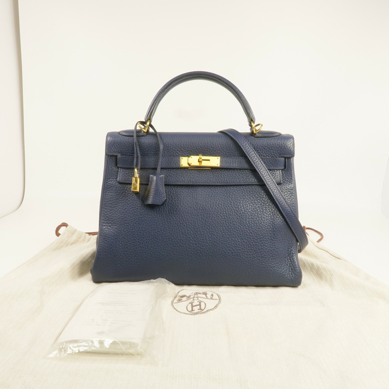 HERMES Clemence皮革Kelly 32金扣手挽肩背兩用袋Bleu Saphir-9