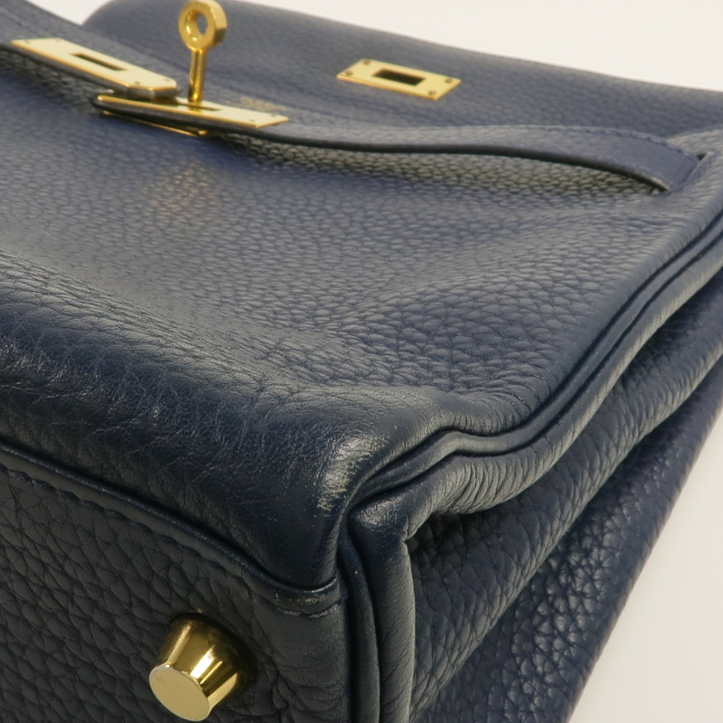 HERMES Clemence皮革Kelly 32金扣手挽肩背兩用袋Bleu Saphir-14