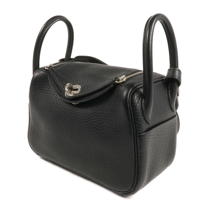 HERMES Clemence皮革Mini Lindy銀扣手挽肩背兩用袋Noir-1