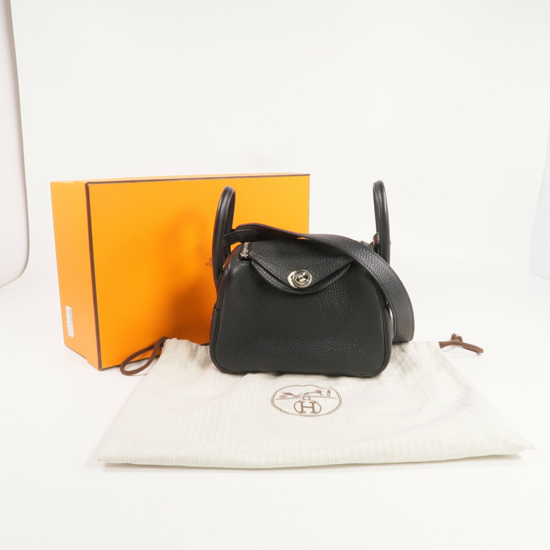HERMES Clemence皮革Mini Lindy銀扣手挽肩背兩用袋Noir-8