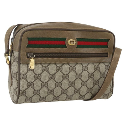 GUCCI GG Supreme Web Sherry Line 手提包 PVC 米色 金色 56 02 087 Auth am10340