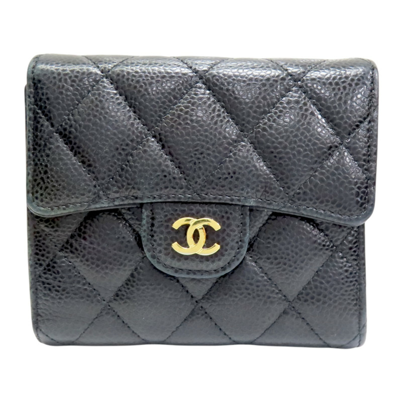 黑色牛皮 菱格紋 荔枝紋 扣式短夾 金扣【CHANEL 香奈兒】 AP0231-0