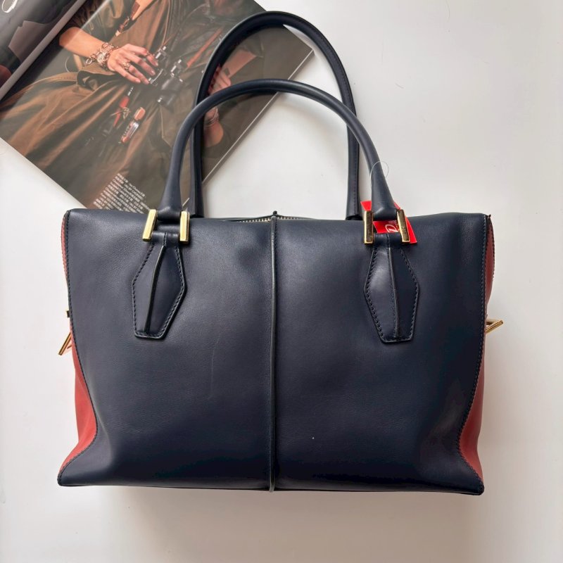 🎉89成新✨耐刮皮革‼️全往最低 TODS 深藍拼紅色手提包-0