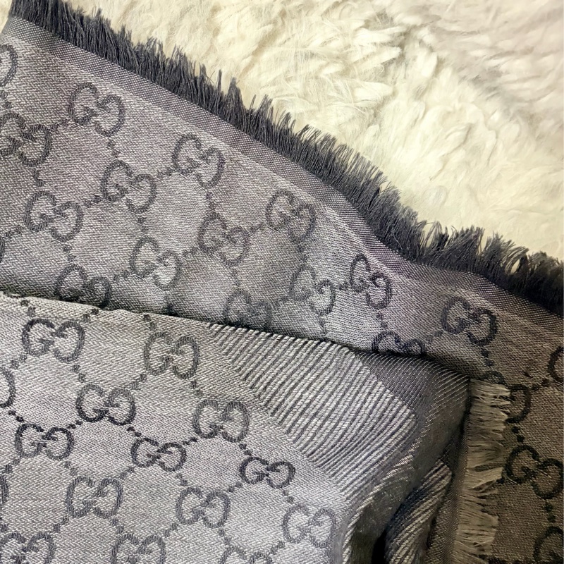 GUCCI 經典GG緹花羊毛混絲大圍巾 140*140（銀灰色）-4