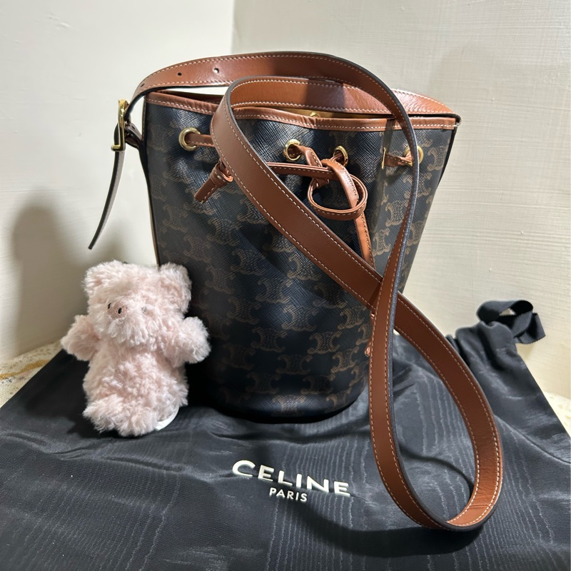 CELINE 賽琳標識印花牛皮革繩索手袋水桶包有防塵袋 超級可愛🎀-0