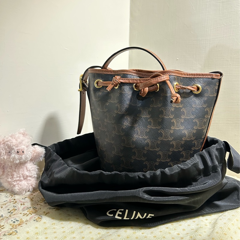 CELINE 賽琳標識印花牛皮革繩索手袋水桶包有防塵袋 超級可愛🎀-3