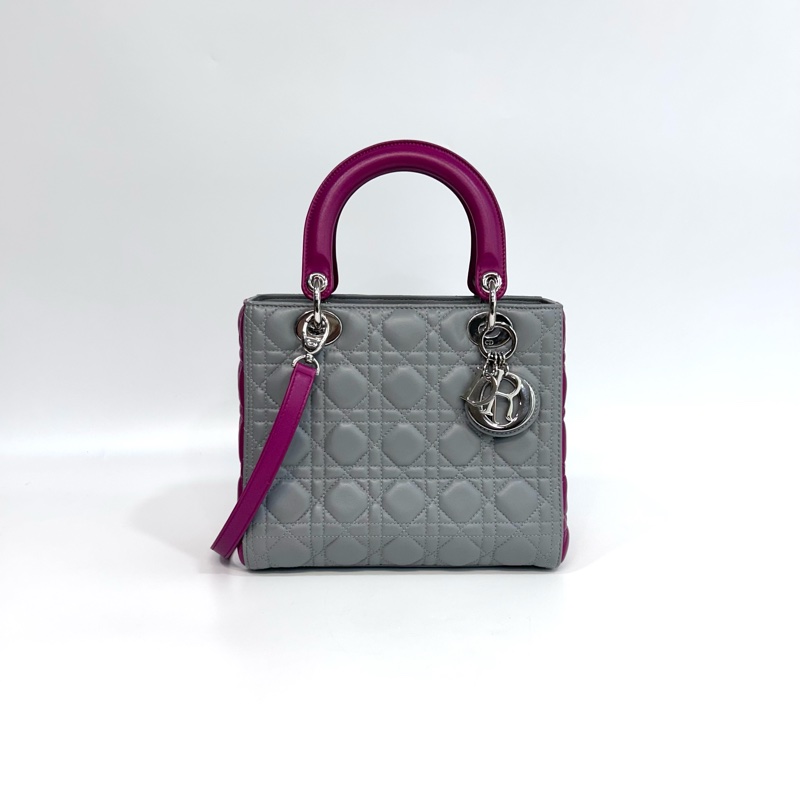🩶限量拼色稀有迪奧黛妃Dior灰拚粉紫色羊皮Lady Dior五格中號黛妃包M0550-1