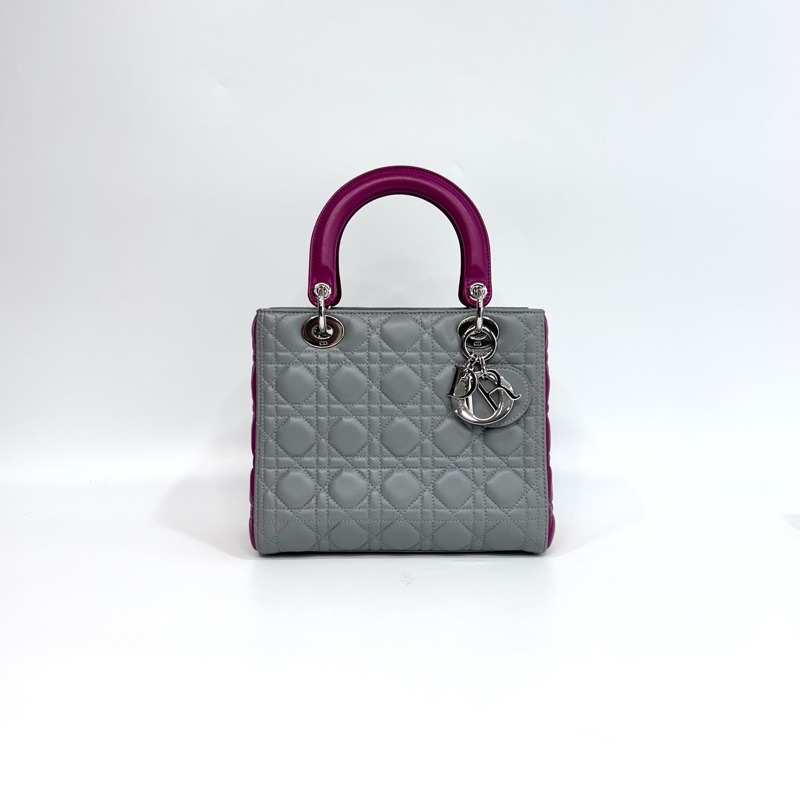 🩶限量拼色稀有迪奧黛妃Dior灰拚粉紫色羊皮Lady Dior五格中號黛妃包M0550-2