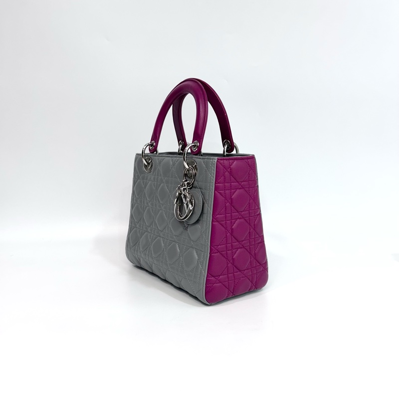 🩶限量拼色稀有迪奧黛妃Dior灰拚粉紫色羊皮Lady Dior五格中號黛妃包M0550-4