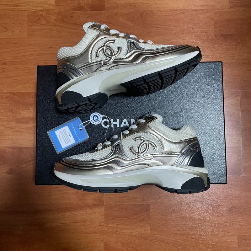 Chanel雙c厚底鞋 香奈兒金角大王休閒鞋 白金色 35碼98新成色-0