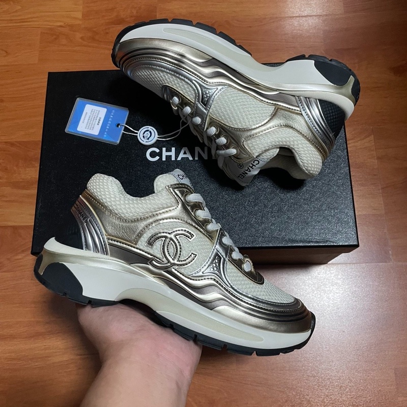 Chanel雙c厚底鞋 香奈兒金角大王休閒鞋 白金色 35碼98新成色-1