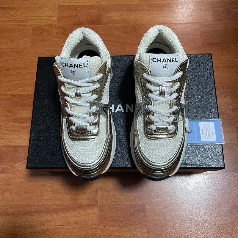 Chanel雙c厚底鞋 香奈兒金角大王休閒鞋 白金色 35碼98新成色-3