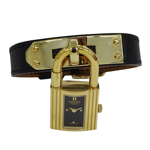 愛馬仕 Kelly 女士腕錶，石英機芯，QZ GP，皮革錶帶，金色錶盤，黑色錶殼，B