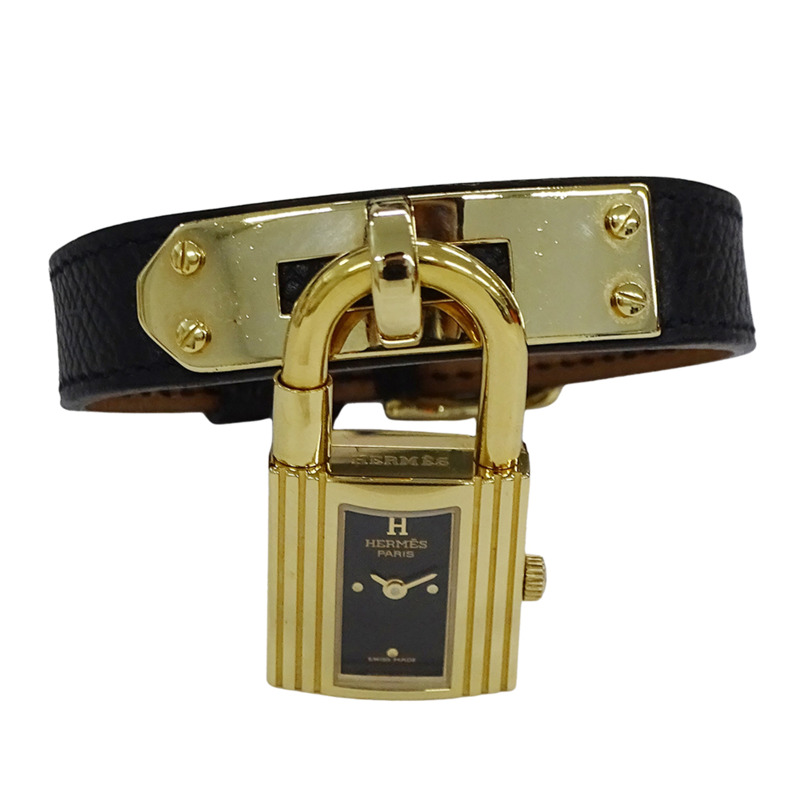 愛馬仕 Kelly 女士腕錶,石英機芯,QZ GP,皮革錶帶,金色錶盤,黑色錶殼,B-0