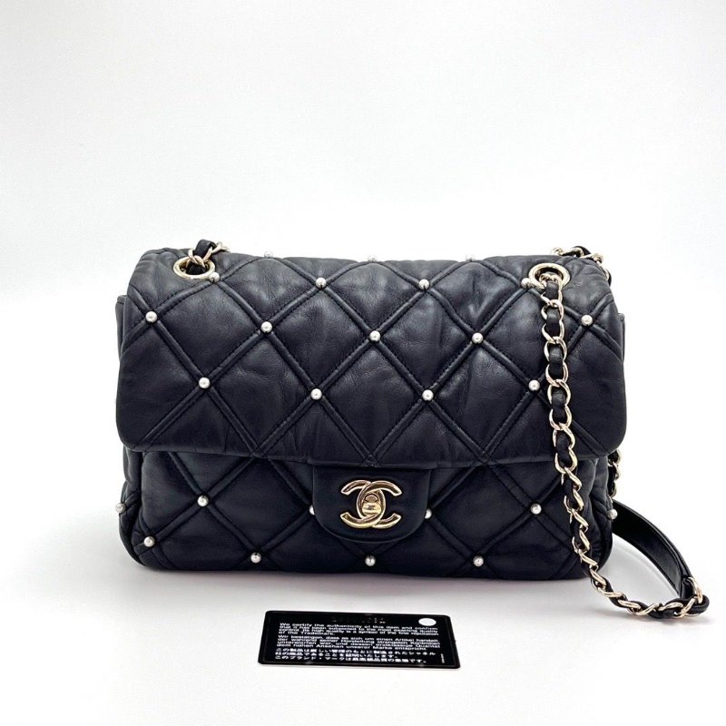 CHANEL 黑金限量珍珠鉚釘CF肩背斜背包24*14*7.5 98新配件保卡塵袋-1