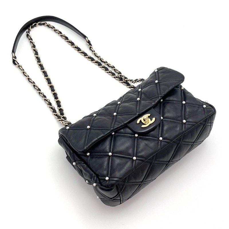 CHANEL 黑金限量珍珠鉚釘CF肩背斜背包24*14*7.5 98新配件保卡塵袋-3