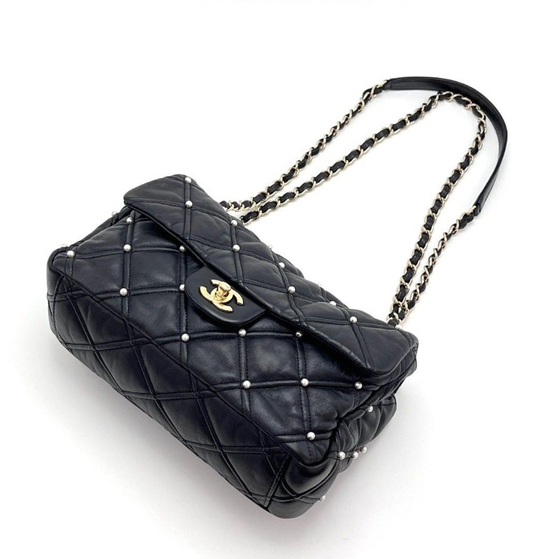 CHANEL 黑金限量珍珠鉚釘CF肩背斜背包24*14*7.5 98新配件保卡塵袋-5