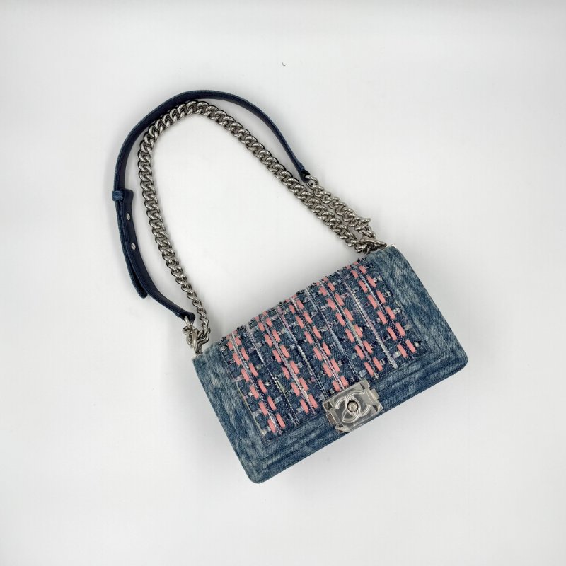 CHANEL - 單寧布拼接毛呢編織銀釦BOY 25-0