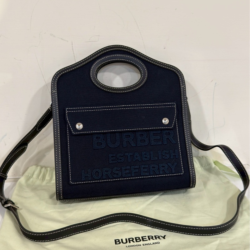 實用設計款❤️‍🔥 超低價😍Burberry黑色帆布拼皮刺繡Logo手提斜背包-4