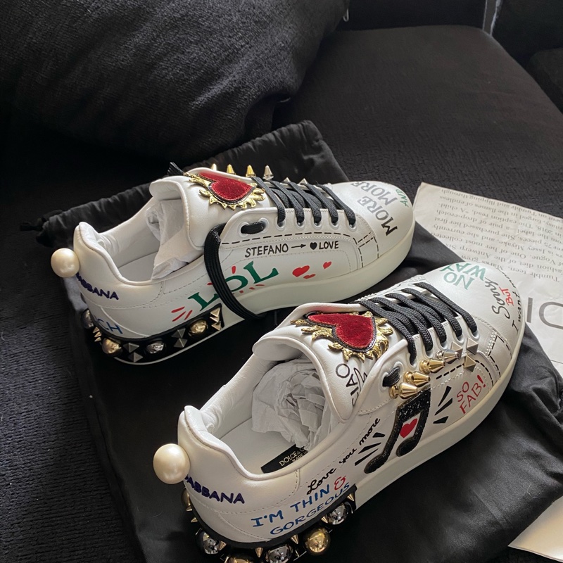 D&G杜嘉班納 限量版塗鴉鉚釘小白鞋 37碼-4