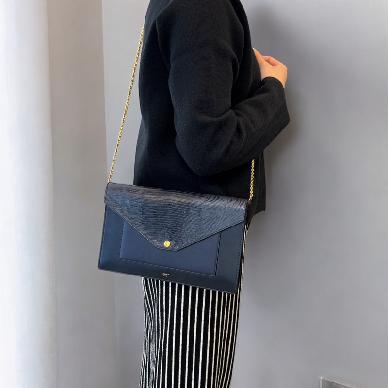 🧳賽琳手拿包Celine黑拚深藍蜥蜴牛皮Pocket WOC-0