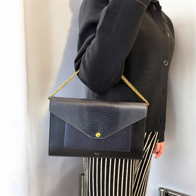 🧳賽琳手拿包Celine黑拚深藍蜥蜴牛皮Pocket WOC-1