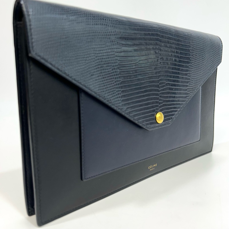 🧳賽琳手拿包Celine黑拚深藍蜥蜴牛皮Pocket WOC-10