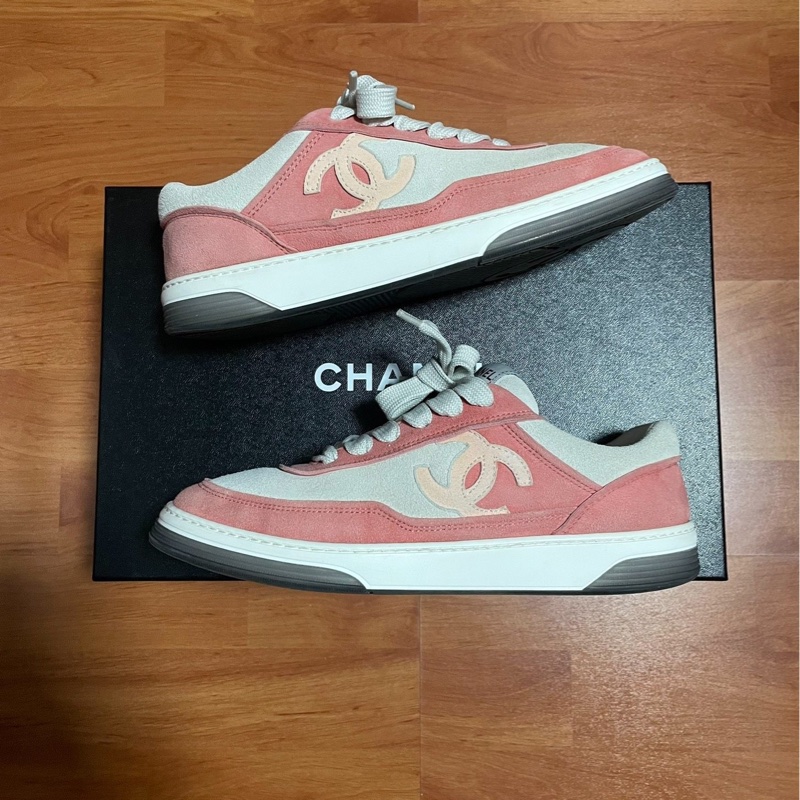 Chanel正品香奈兒徽標 低幫雙C板鞋 女款 粉白37.5碼-0