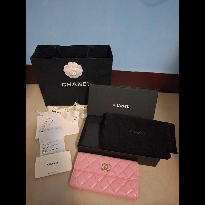 【售】Chanel 經典荔枝牛皮長夾（溫柔粉/編織金釦）⚘️情人節首選❤️大全配附購證-0